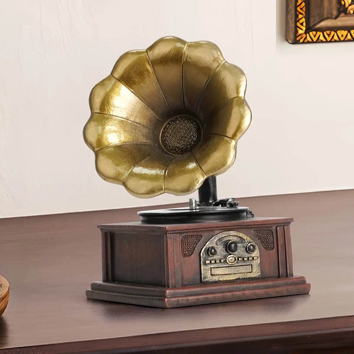 Vintage Phonograph Resin Statue | Antique-Style Gramophone Design | Multi-Color Finish with Golden Accents | Durable Indoor/Outdoor Decor for Living Room and Kitchen | Classic Music Enthusiast Collectible, Outdoor Ornament | mythozia