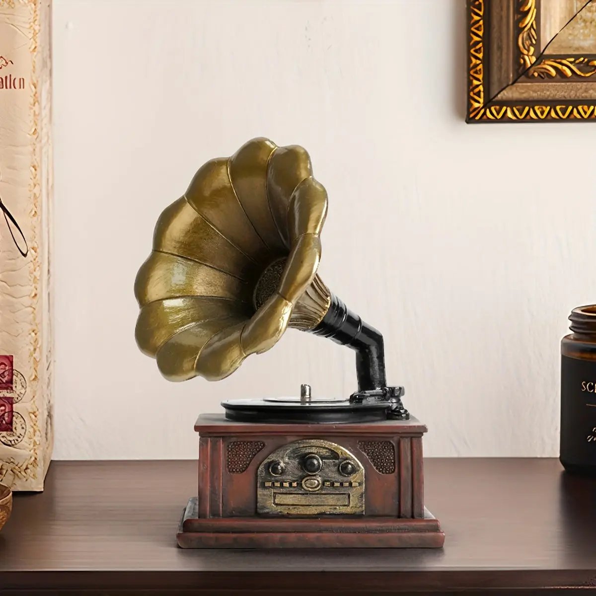 Vintage Phonograph Resin Statue | Antique-Style Gramophone Design | Multi-Color Finish with Golden Accents | Durable Indoor/Outdoor Decor for Living Room and Kitchen | Classic Music Enthusiast Collectible, Outdoor Ornament | mythozia