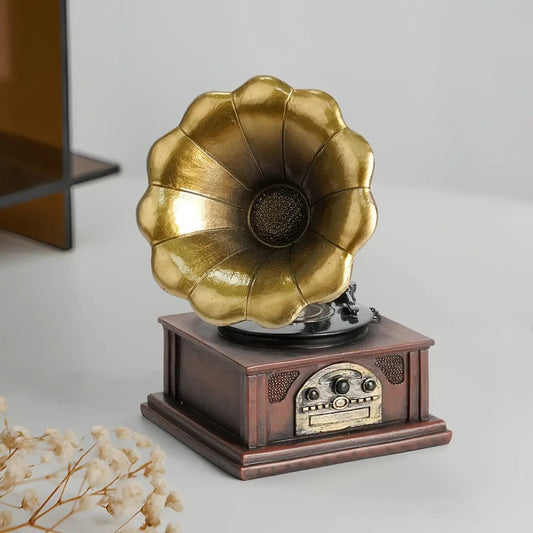 Vintage Phonograph Resin Statue | Antique-Style Gramophone Design | Multi-Color Finish with Golden Accents | Durable Indoor/Outdoor Decor for Living Room and Kitchen | Classic Music Enthusiast Collectible, Outdoor Ornament | mythozia